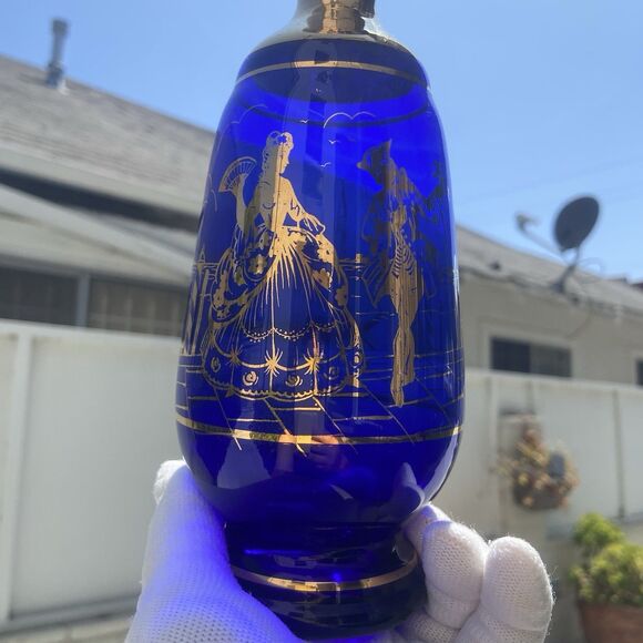 Vintage Cobalt Blue Gold Venetian Glass Decanter 10" Gondola Courting Scene 17oz - Picture 10 of 10